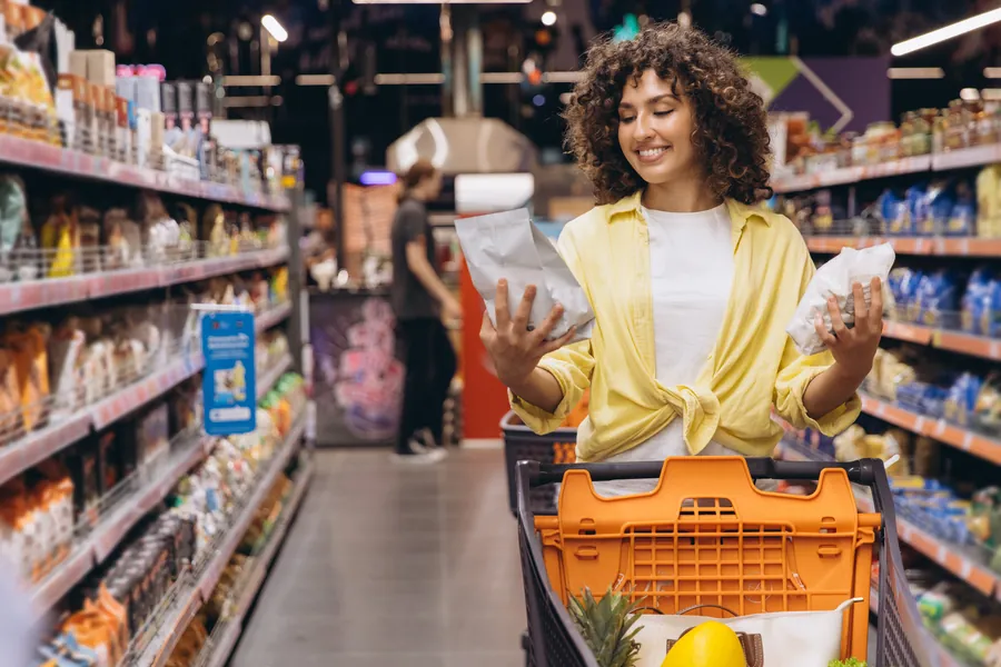 Smiling Woman Choosing Products in Supermarket
